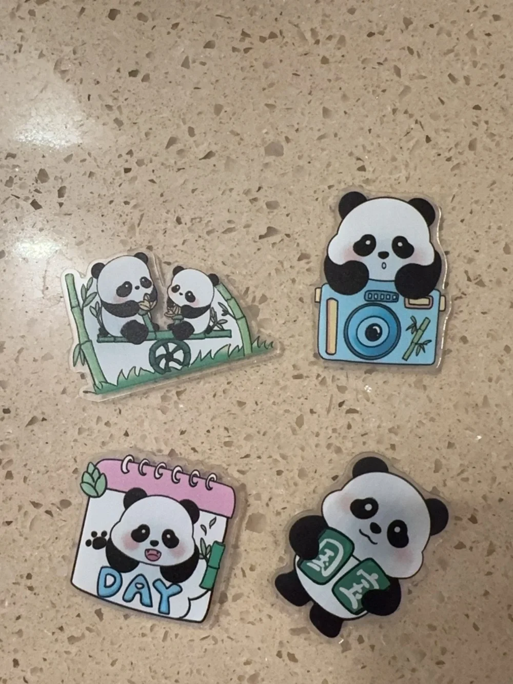 4 Pcs Cute Kawaii Panda Acrylic Fridge Magnets Set - Camera, Calendar, Bamboo De